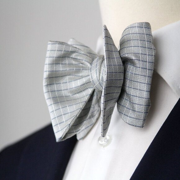 Men's‎ 100% Silk Self-Tied Bow Tie Big Butterfly Blue Micro Plaid Made USA S724 - Picture 1 of 8